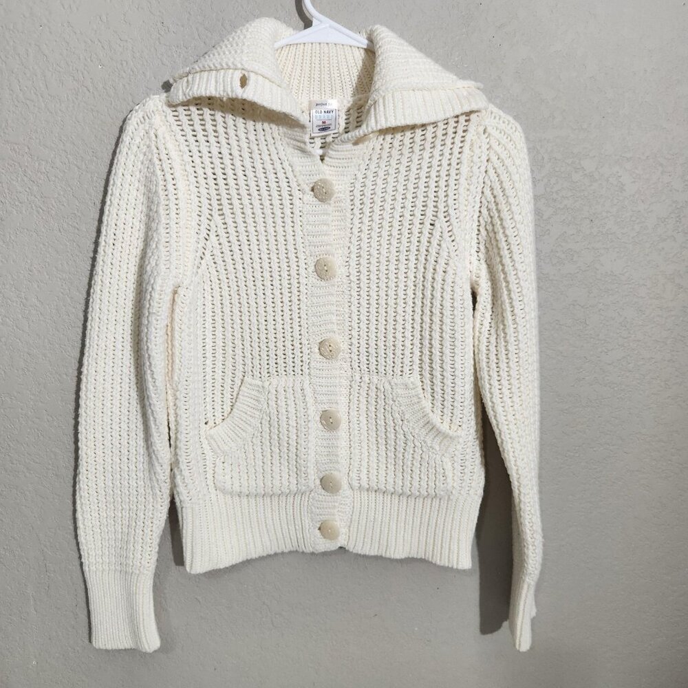 Old Navy Sweater Womens Medium Ivory Button Front Cardigan Knit Pockets Collar